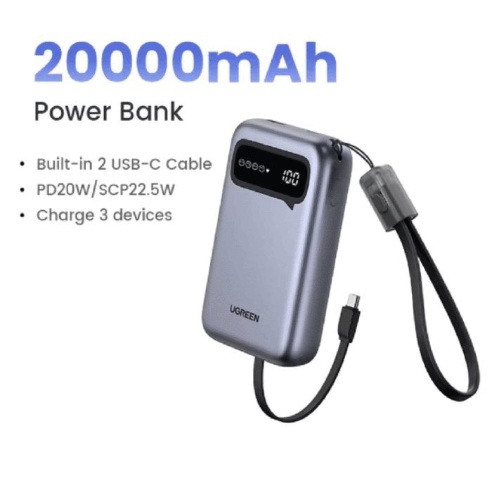 Внешний аккумулятор UGREEN with Built-in Cable, 20000 мАч, 22.5 Вт, PD, 3 цвета