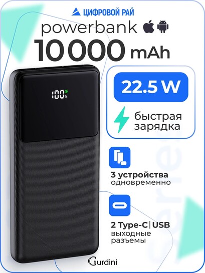 Внешний аккумулятор Gurdini 10000 мАч, быстрая зарядка 22.5 Вт, два Type-C