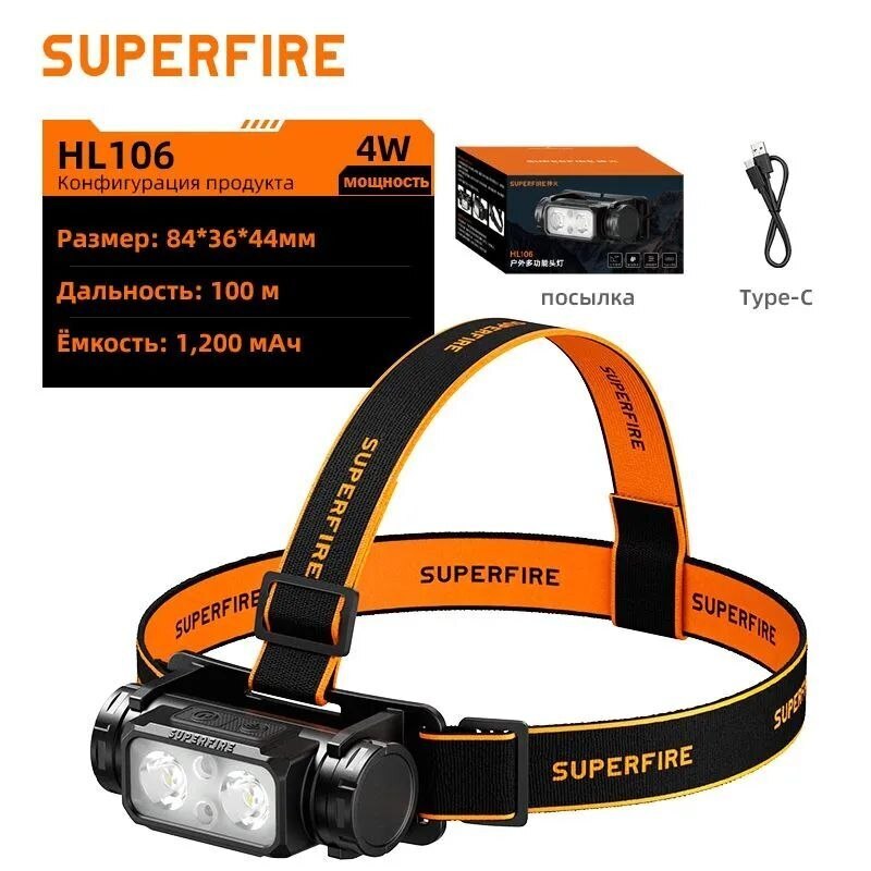 Налобный фонарь Superfire HL106 (из-за рубежа, с банком-партнёром)