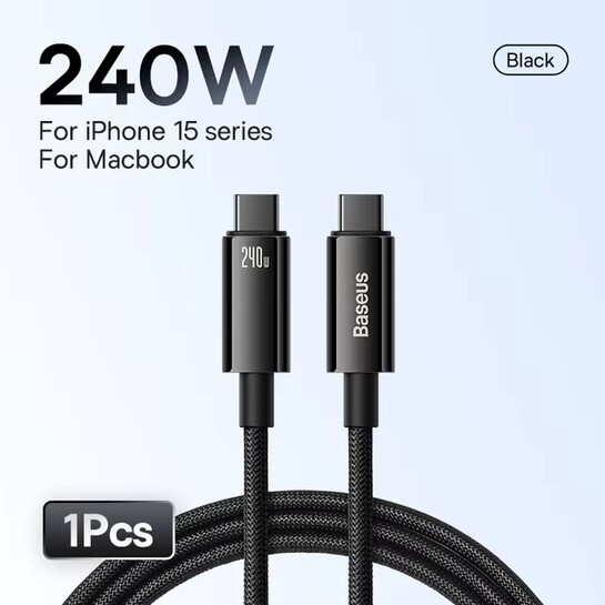 Кабель Baseus Tungsten Gold USB-C, 1 м (240 Вт, 480 Мбит/с) + 2м за 337₽ и 3м за 473₽