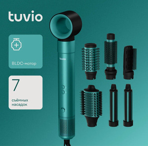 Фен-щетка с ионизацией Tuvio HBI1413, 7 насадок, зеленый (с картой Я Пэй)