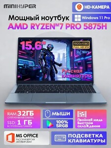 Ноутбук 15.6"MINIHYPER, 32/1024 ГБ, Windows Pro, Русская раскладка (с картой OZON, из-за рубежа)