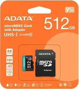 Карта памяти microSDXC UHS-I U3 A-Data Premier Pro 512 ГБ, 100 МБ/с, Class 10, AUSDX512GUI3V30SA2-RA1, 1 шт., переходник SD