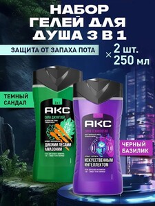 Набор Акс: гель для душа и умывания лица, а также шампунь парфюмированный 3 в 1 сила технологий и Сила джунглей, 250 мл, 2 шт (с картой OZON, с бонусами продавца)