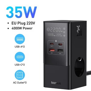 Зарядная станция Baseus CCGAN35-S3ACE PowerCombo Tower Digital PowerStrip 3AC + 2U + 2C, 7 в 1, с цифровым дисплеем, 35 Вт, 4000 Вт