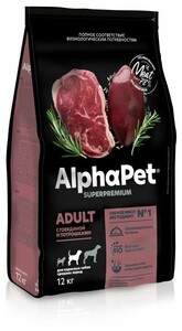 Сухой корм AlphaPet Superpremium, для взрослых собак средних пород, с говядиной и потрошками, 12 кг