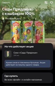 Сок Сады Придонья 200 мл с возвратом 100% в Т-Банке