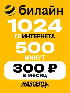 Сим карта билайн: 1024 ГБ + 500 минут за 300 руб в месяц