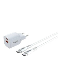 Сетевое зарядное устройство Philips DLP2561DW/97, USB Type-C, USB 3.0 Туре-А, быстрая зарядка, 33 Вт (с банком-партнёром)
