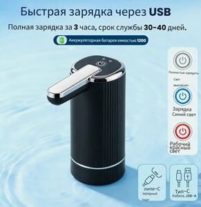 Помпа для воды, на бутыль, 19 л, USB, с двойным насосом (цена с Я.Пэй)